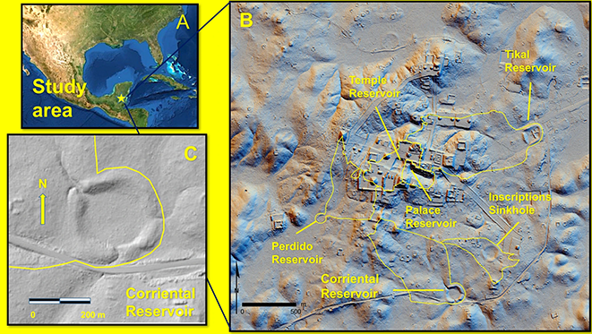 Hình A là khu vực khảo cổ trên ảnh vệ tinh. Hình B là địa điểm của các hồ trữ nước (reservoir) so với thành phố Tikal. Hình C là hồ trữ nước Corriental.